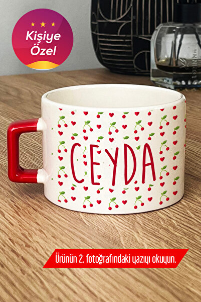 Hedizu Kişiye Özel İsim Yazılı Lüks Fincan Kırmızı Kiraz Desenli Meyveli Z0İ R8V