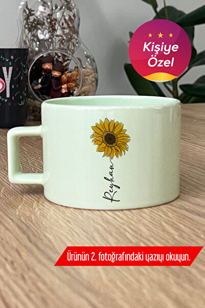 Hedizu Kişiye Özel Ayçiçek ve İsim Yazılı Pastel Fincan Yeşil  Çiçek Desenli ...