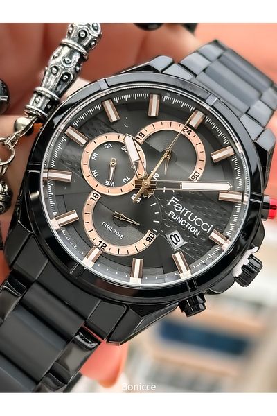 Ferrucci Black Color Steel Band Functional Men's Wrist Watch and Rosary - Bracelet
