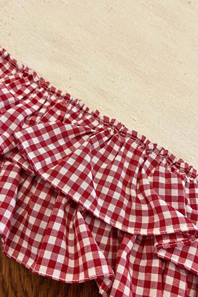 BERRİN KİBAR Kırmızı Küçük Kare Desen Pötikareli Ham Bez Runner, Masa Örtüsü, Dekoratif Örtü, 35x110 Cm