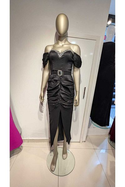 Robes Γυναικείο βραδινό φόρεμα με λαιμόκοψη με κορδόνια και λεπτομέρεια με σχισμή