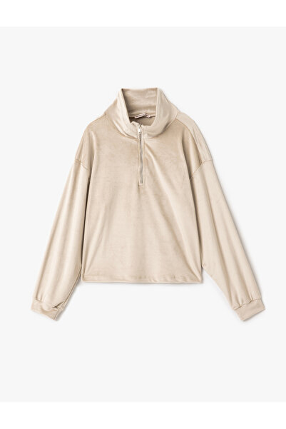 Koton Half Zipper Detail Stand Collar Long Sleeve Velvet Sleepwear Top