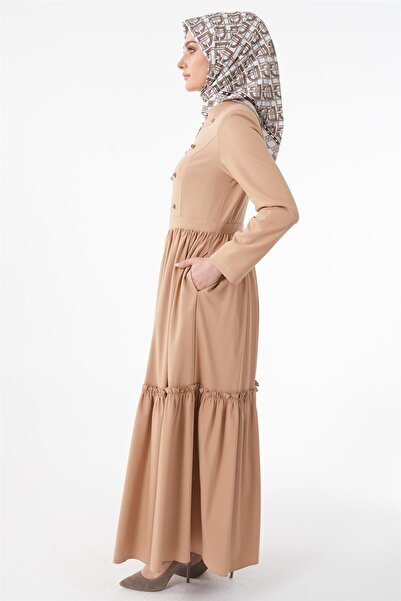 Kayra Beige Colored Skirted and Ruffled Top Coat