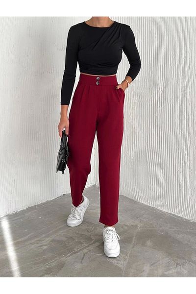 BYKUZEYARAS Ornament Buttoned Knitted Crepe Seasonary Pleated Carrown Pants
