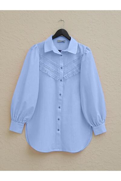 MACMODA Güpür Püsküllü Ham Keten Balon Kol Gömlek