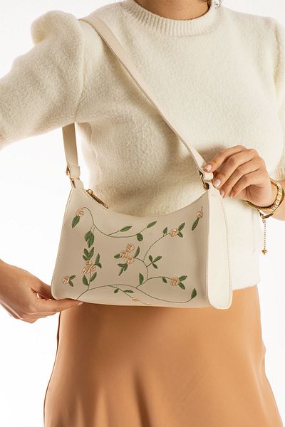 Qulaccia Women's Cream Embroidered Elegant Stylish Soft a Quality Shoulder Bag