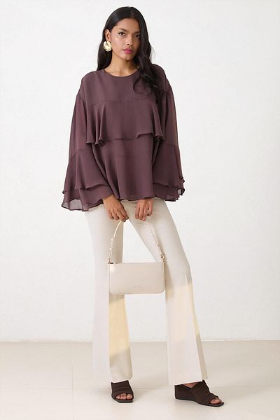 Setre Bitter-Brown Relaxed Fit Blouse with Neck Shawl and Sleeves Detail