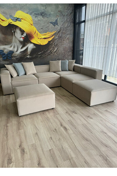 Erduran Mobilya Angelo 4 Modül + 2 Puf Köşe Koltuk Takımı (6 Modül) Leke Tutm...