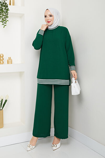 ECK MODA Γυναικείο Σετ Πράσινη Ριμπ Λεπτομέρεια Aerobin Υφασμάτινο Κάτω Τοπ Σετ