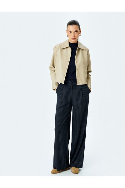 Koton Double Breasted Crop Faux Leather Jacket with Snap Button Pockets