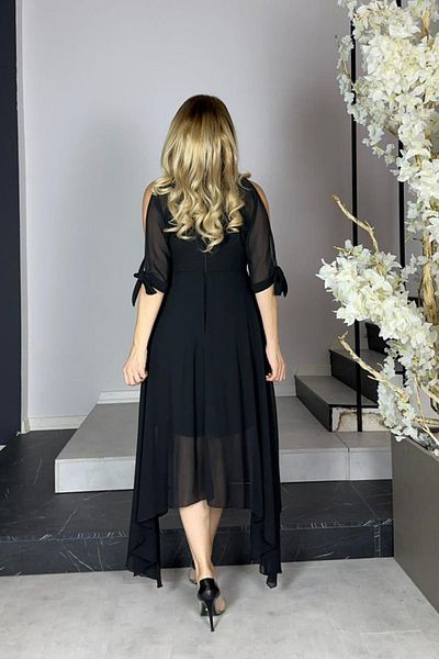 gesmoda Black G1274 Model Neckline and Chiffon Detail Evening Dress