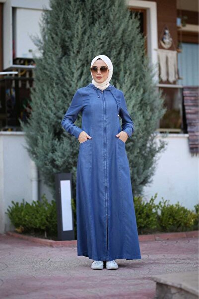 Neways 6463-Denim Kapşonlu Ferace Koyu Mavi