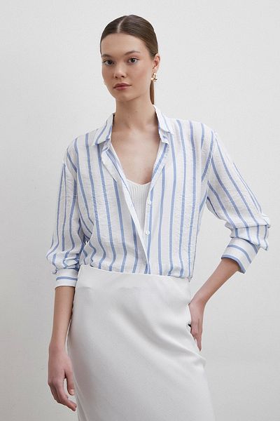 Never more Blue V-Neck Striped Modal Shirt