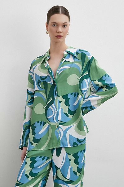 Never more Green Patterned Viscose Shirt
