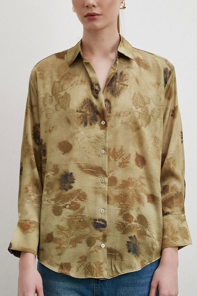 Never more Khaki Patterned V-Neck Shirt