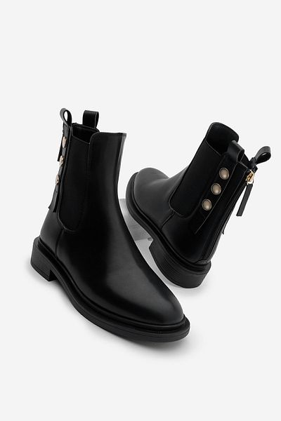 Marjin Schwarze Damenstiefel von Valone – lässige Freunde mit goldenen Knöpfen, doppelter Gummizug und Reißverschluss hinten