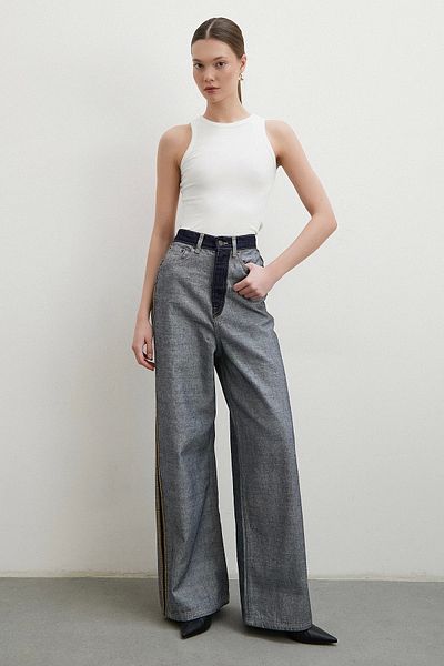Never more High Waist Wide Leg Reverse Stitching Jeans Navy Blue