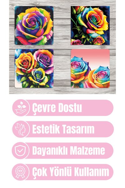 qoeuyl boutique Pop Art Floral Printed Set of 4 Decorative Wooden Square Coasters