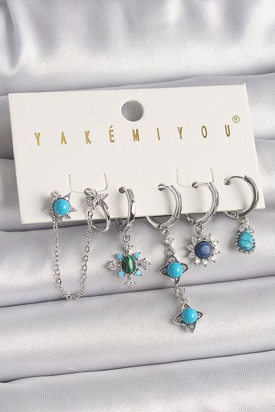 Mu Art Ahşap Brass Silver Color Zircon Stone Detailed Blue Beaded Flower Model Vip Series Women's Earring Combination