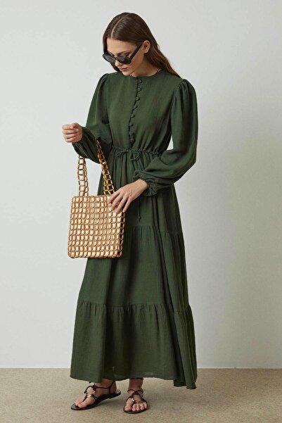 Hooopstore فستان موسلين باللون الأخضر الداكن - بأزرار أمامية