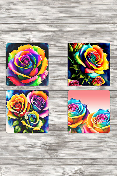 qoeuyl boutique مجموعة من 4 قواعد زجاجية مربعة خشبية مزخرفة بطبعات زهور من فن...