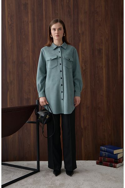 Fatma Atasoy Ocean Green Shirt Jacket with Suede Pockets