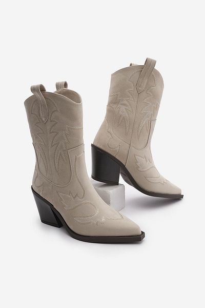 Marjin Beige Suede Women's Western Boots - Pointed Toe and Embroidered Merledi