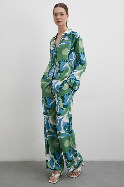 Never more Green Patterned Elastic Waist Trousers
