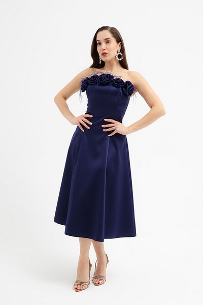Lafaba Women's Navy Blue Rose Detailed Midi Promise Engagement Wedding Evening Dress