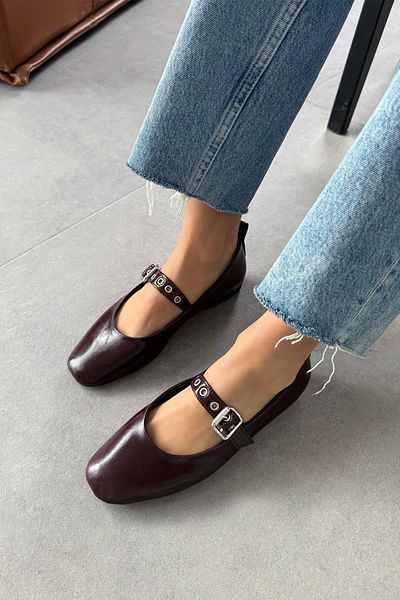 STRASWANS Balerini de damă Jules Burgundy - Piele șifonată cu detaliu curea