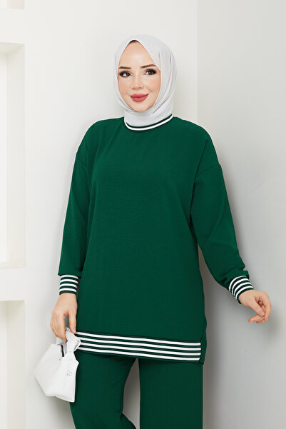 ECK MODA Γυναικείο Σετ Πράσινη Ριμπ Λεπτομέρεια Aerobin Υφασμάτινο Κάτω Τοπ Σετ