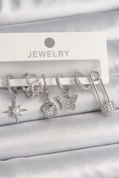 E BULURUM Brass Silver Color Dangle Zircon Stone Butterfly Figure Women's Earring Set