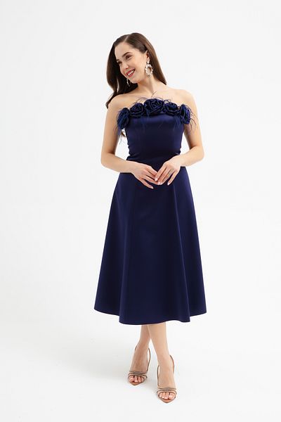 Lafaba Women's Navy Blue Rose Detailed Midi Promise Engagement Wedding Evening Dress