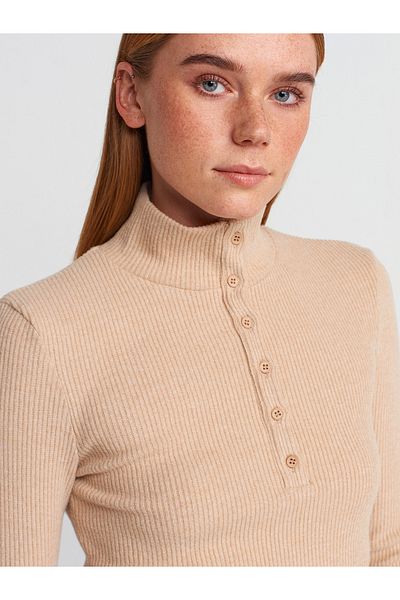 Dilvin 31435 Turtleneck Buttoned Ball-Beige
