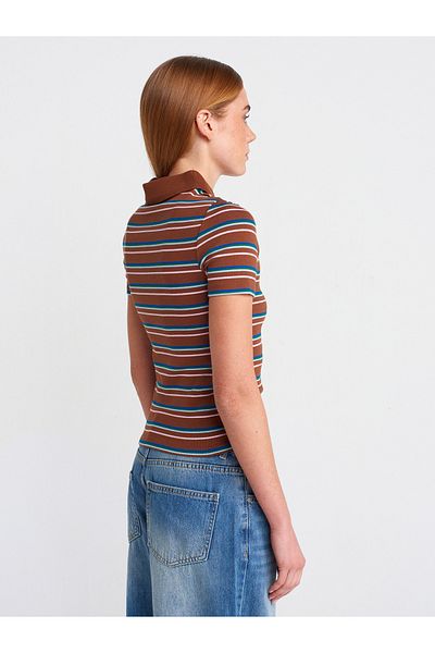 Dilvin 31465 Multi Color Striped Polo Neck T-Shirt