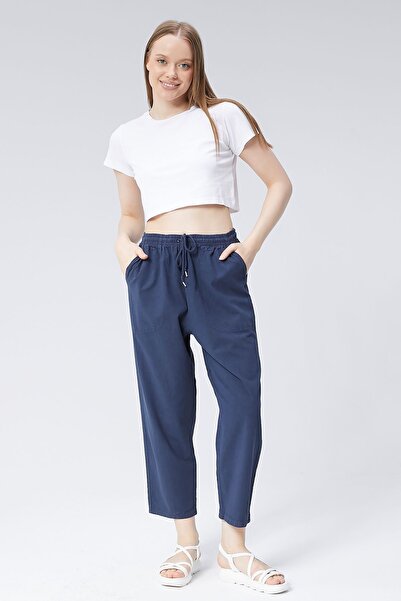 mh monaha سروال نسائي أزرق داكن فاتح بخصر عالٍ وخصر مطاطي من مزيج الكتان 100%...