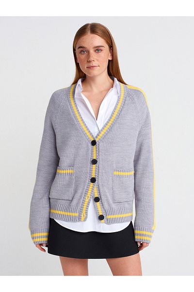 Dilvin 60964 V-Neck Striped Buttoned Knitwear Cardigan-Gray-Yellow