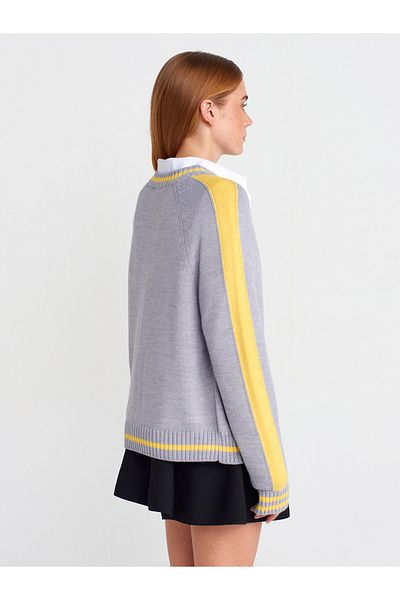 Dilvin 60964 V-Neck Striped Buttoned Knitwear Cardigan-Gray-Yellow