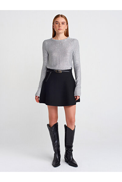 Dilvin 10699 Crew Neck Sequin Lined Knitwear Sweater-Gray