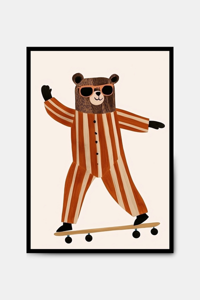 PİTAYA Kaykaylı Ayı Poster - Çerçevesiz Tasarım Çocuk Poster Tablo Bebek Odası Duvar Dekor