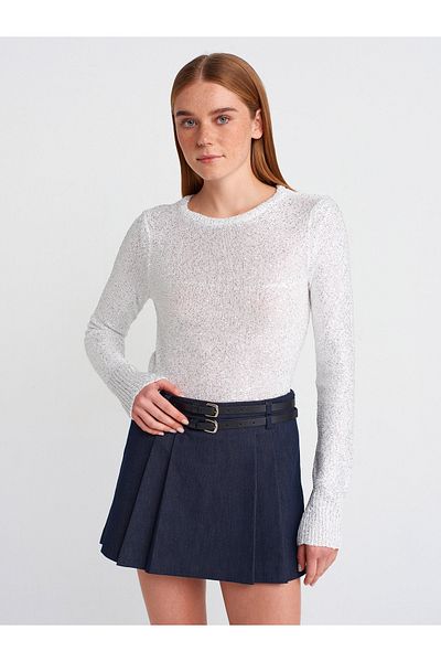 Dilvin 10699 Ecru Crew Neck Sequin Lined Knitwear Sweater