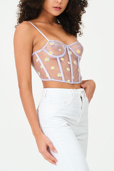 MODA Lenjerie G&H - Bustieră / Corset cu model margarete din tul fantomă albastră