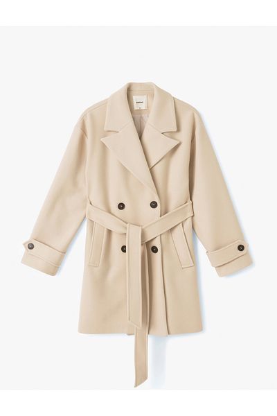 Koton Double Breasted Long Sleeve Short Trench Coat with Pockets and Belt
