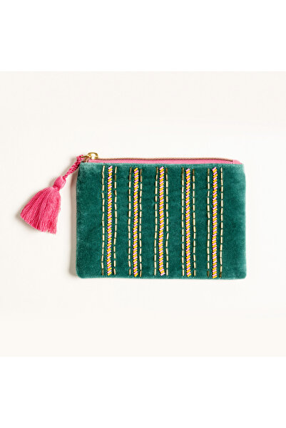 Zsa Zsa Zsu Delhı Boncuk Nakışlı Küçük Boy Pamuk Pamuk Makyaj Çantası 12x18 Cm Yeşil