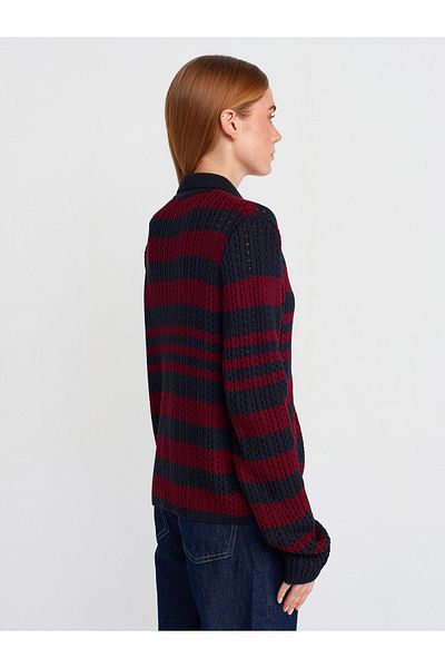Dilvin 60962 Polo Neck Striped Zippered Knitwear Cardigan-Navy-Claret Red