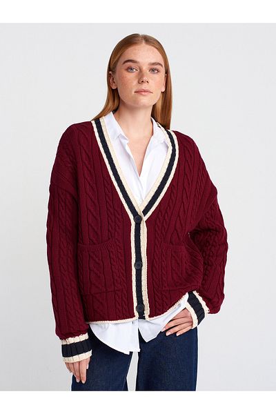 Dilvin 60950 V-Neck Striped Buttoned Pocket Knitwear Cardigan-Claret Red-Ecru