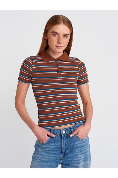 Dilvin 31465 Multi Color Striped Polo Neck T-Shirt