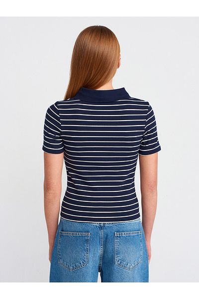 Dilvin 31464 Striped Polo Neck T-Shirt-Navy