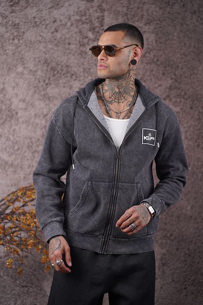 Butik Trend We Are Three Thread Raster Washed Fabric Hooded Zippered Kangaroo Pocket Oversize Sweatshirt