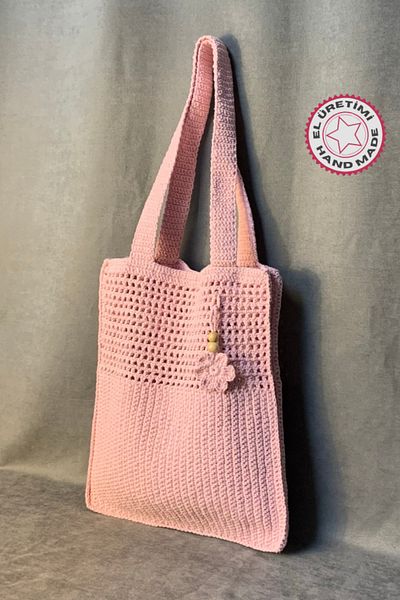 Uretti - Geantă de umăr cu motiv de flori tricotate manual Emine 9106 - Pudra